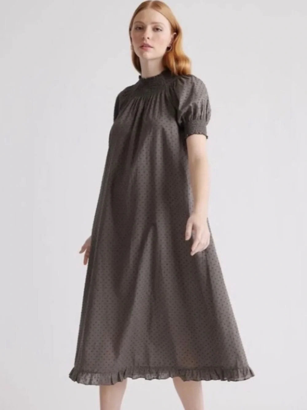 Quince Charcoal Gray Swiss Dot Smocked Midi 100% Cotton Puff Sleeve Large - Picture 2 of 11